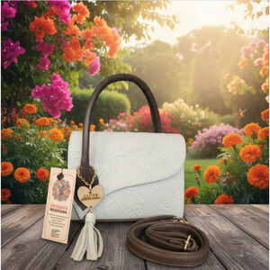 Off White Dark Brown Sunflower Embossed Tooled Artisan LEATHER Crossbody Purse